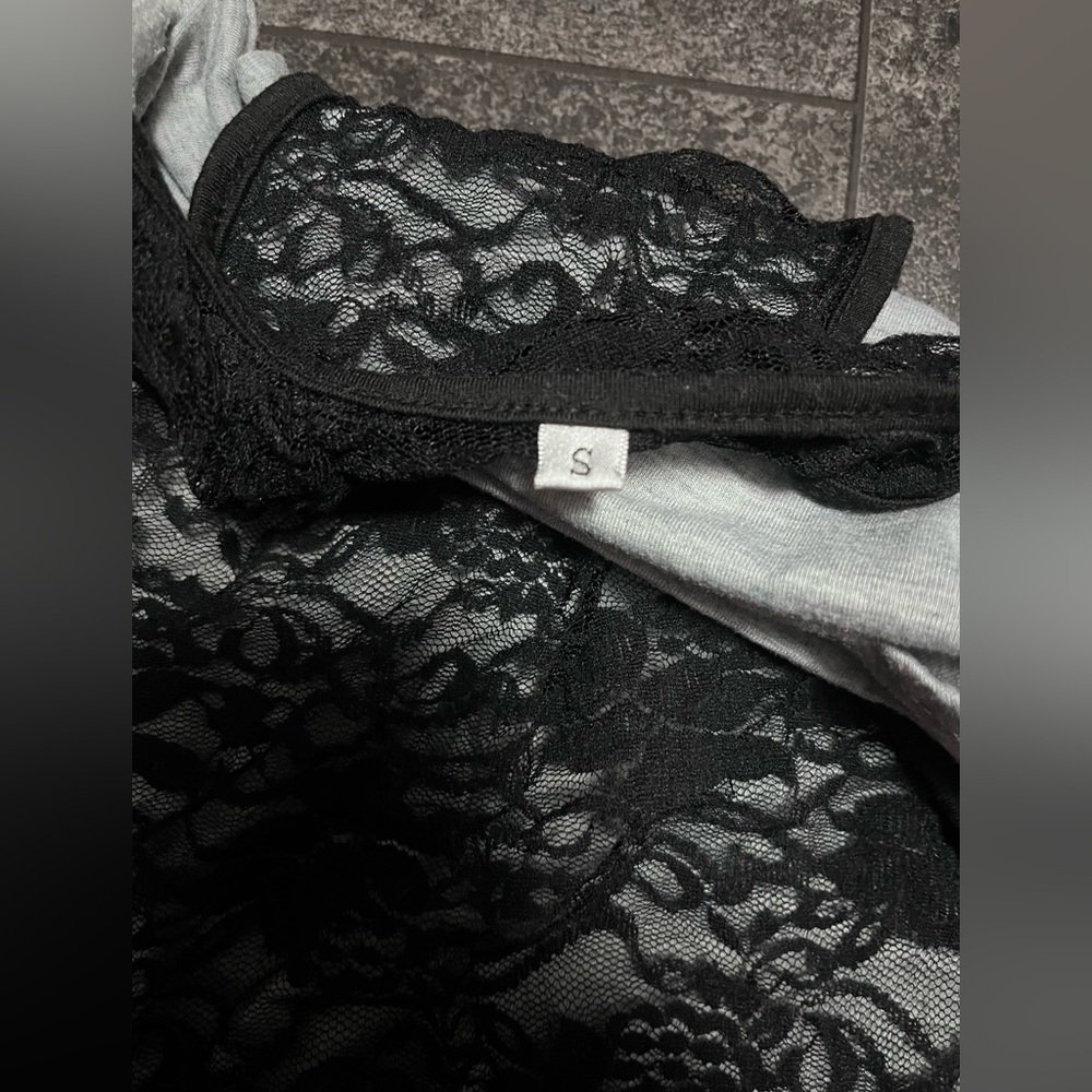 Totally 80’s Grey Off the Shoulder Top with Black Lace Overlay Tank - Picture 4 of 4